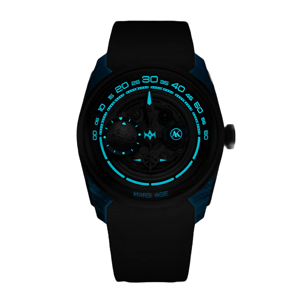 ATOWAK Mars Age lume display glowing blue in darkness